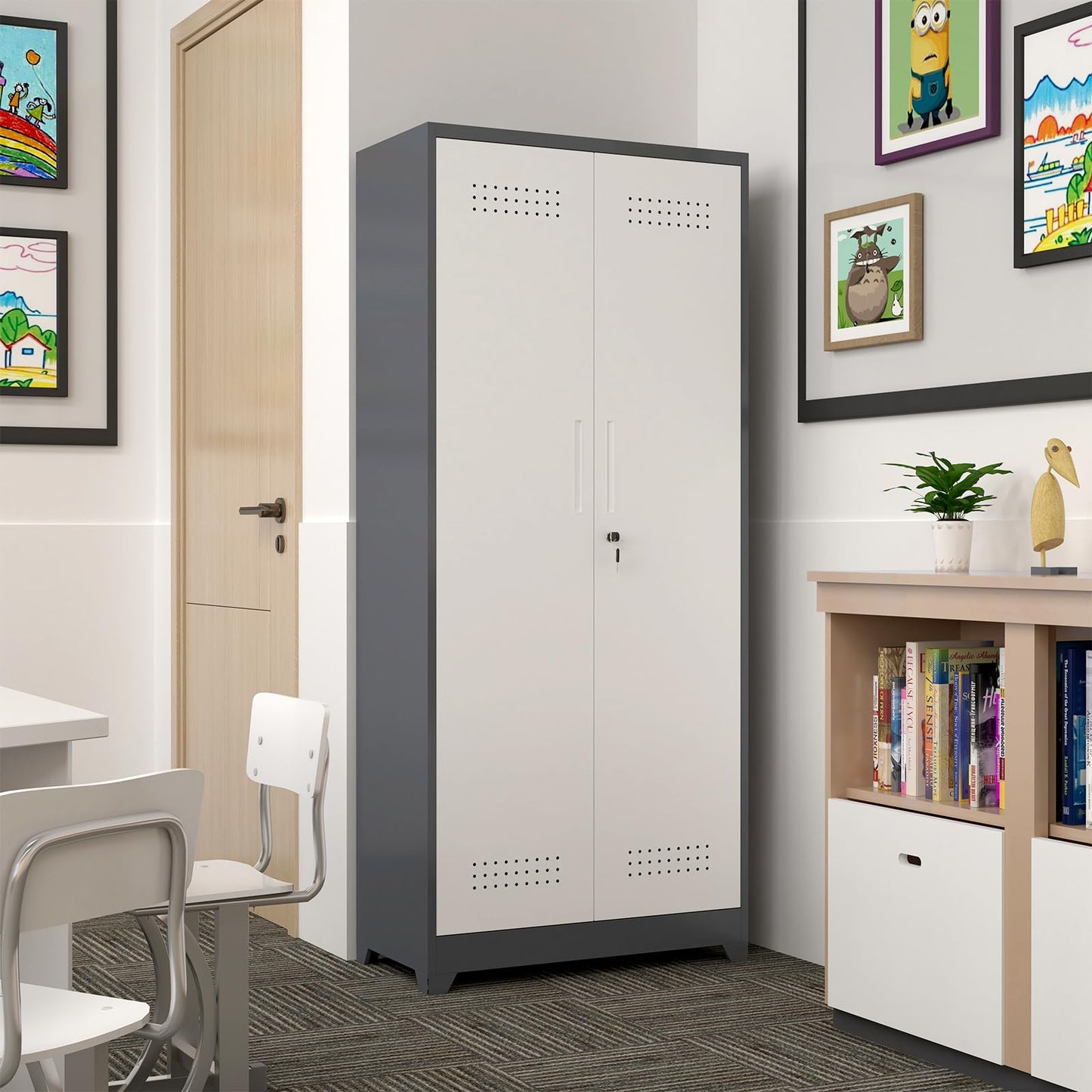 GREATMEET Metal Garage Storage Cabinet, 73" H Broom Closet Storage Cabinet, Locking Utility Cabinet with Doors and Shelves for Garage, Home, Grey White
