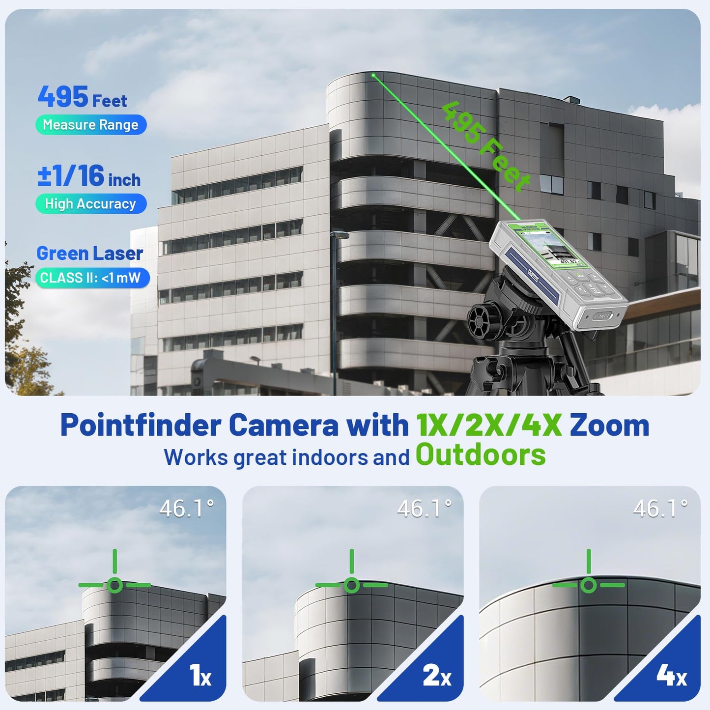 Huepar Pro Laser Measuring Tool, 495Ft Outdoor Laser Measure with Camera&Bluetooth Connected, Green Laser Distance Meter with P2P Technology, Free APP, IP68, Micro USB Cable, Hand Strap&Pouch-SW-150GQ