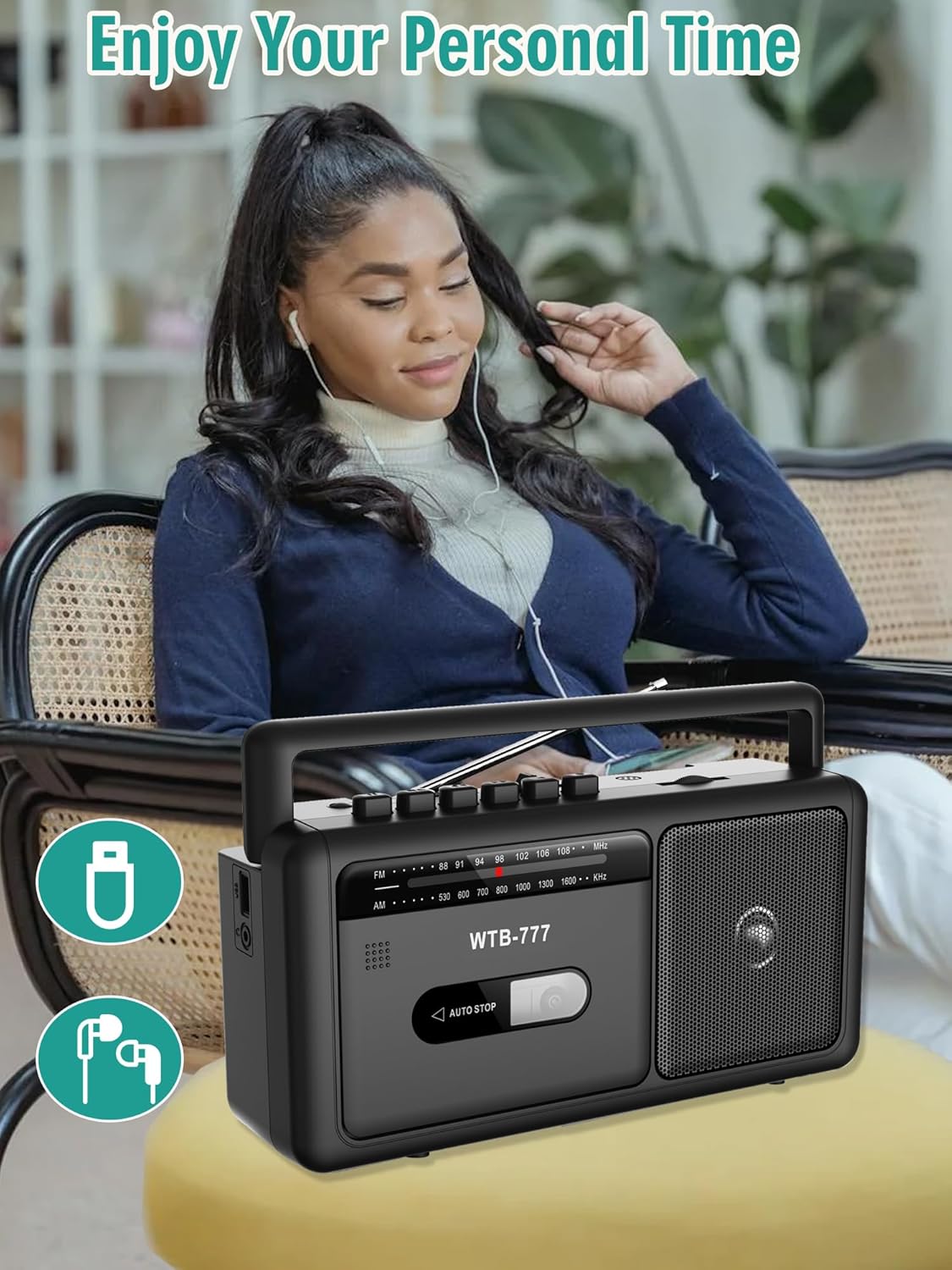 WIITHINK WTB-777 Cassette Cassette Portable Player Boombox, AM/FM Radio Stereo with Bluetooth, USB, Recorder, Earphone