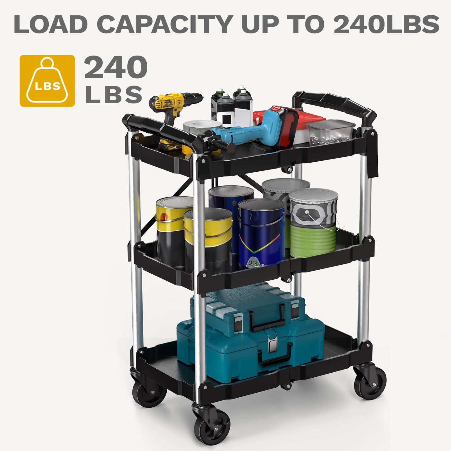 DWVO 3-Tier Folding Utility Cart, Foldable Service Cart Heavy Duty Collapsible Rolling Cart with 360° Swivel Wheels and Brake, 240LBS Load Capacity Portable Utility Cart for Kitchen, Warehouse, Garage