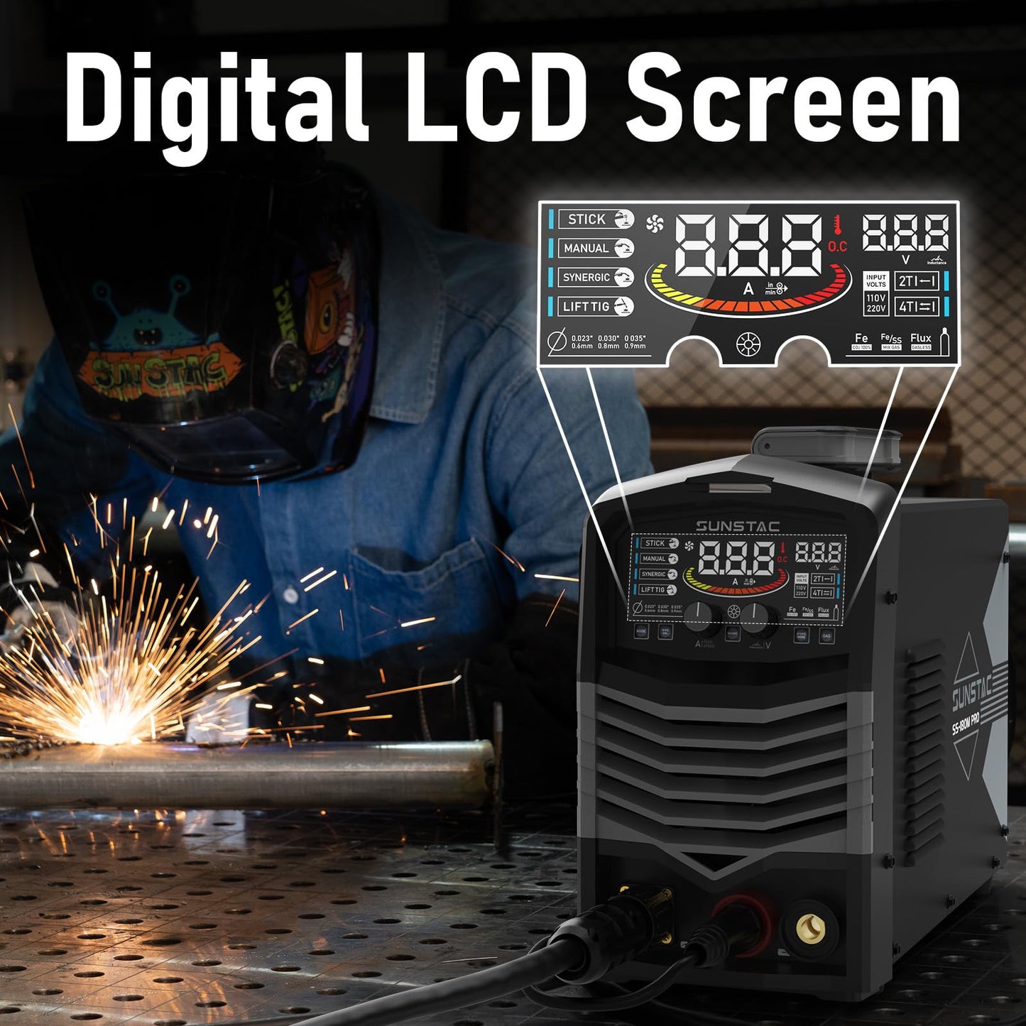 MIG Welder, 180A 110V/220V Gas MIG/Gasless MIG/Lift TIG/Stick 4 in 1 MIG Welding Machine, MIG with IGBT Inverter Synergic Control, Digital Screen Display and Over Loading Protection
