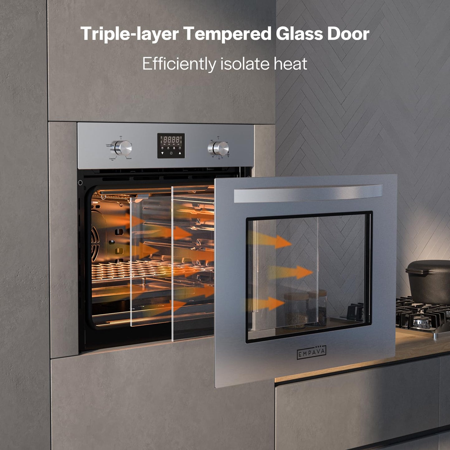 Empava Single Gas Wall Oven with 5 Cooking Funcitons, 24 inch Built-in Wall Convection Natural Gas Oven with Mechanical Control Knobs, Digital Display Panel, Stainless Steel