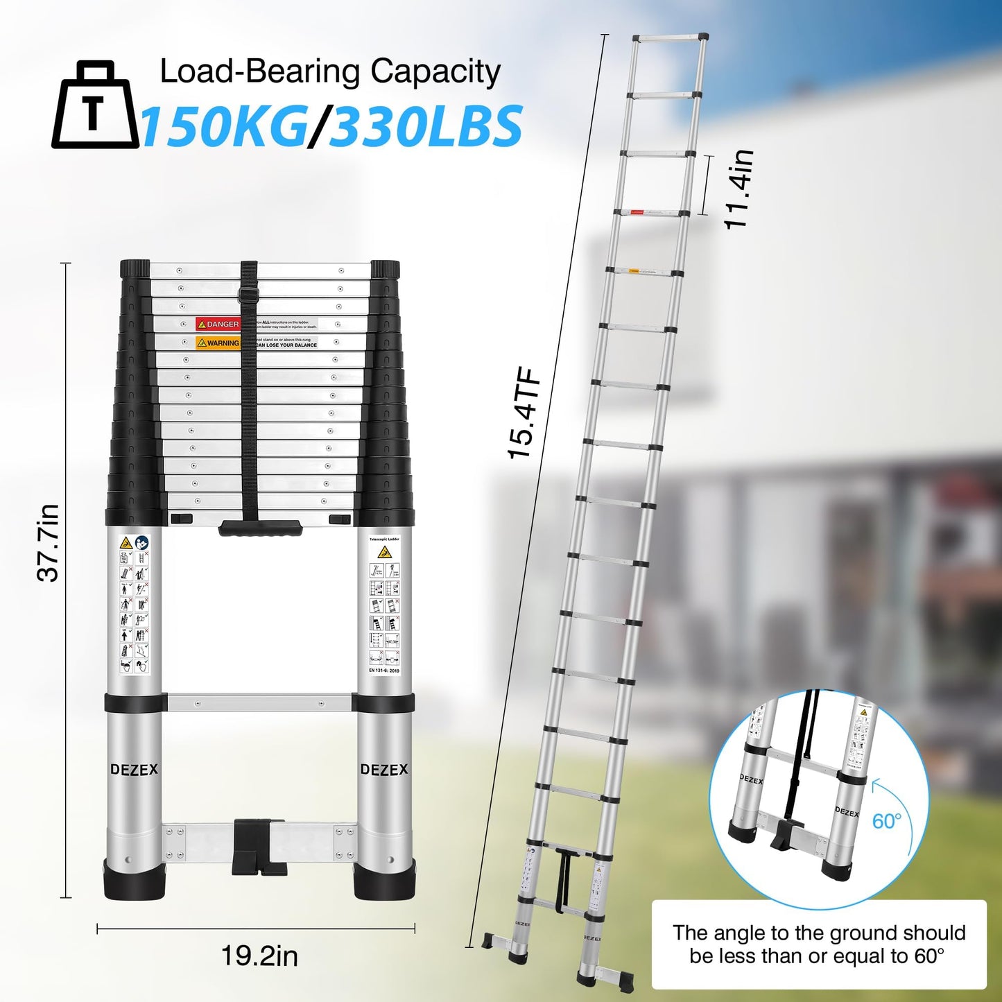 DEZEX 15.5 FT Aluminum Telescoping Ladders - One-Button Retraction Collapsible Extension Ladder for Home,RV,Attic,Lasts 330 LBS with Swivel Feet and Non-Slip Cushion
