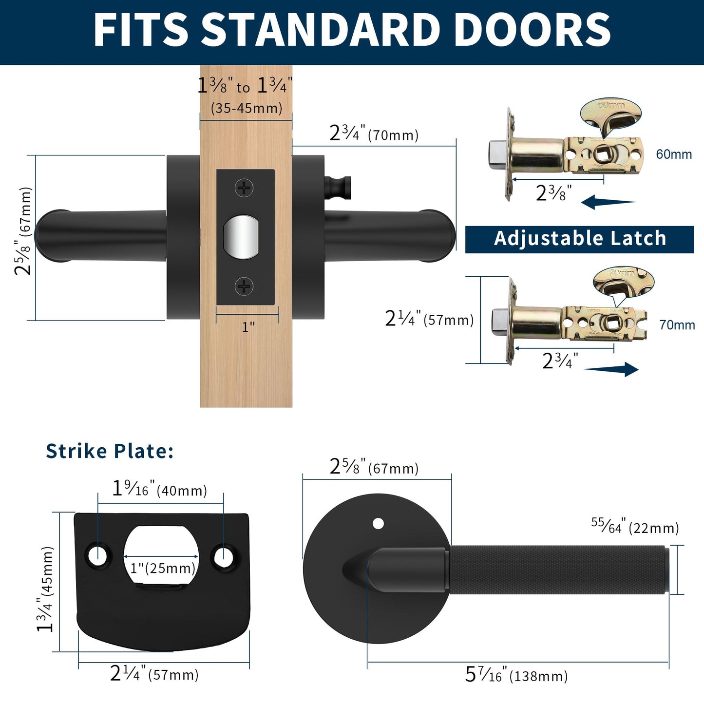 Zylaria 6 Pack Privacy Matte Black Door Lever Handle, Keyless Bedroom Bathroom Lock, Anti-Slip Knurled Grip, Fits Left/Right Hand Doors