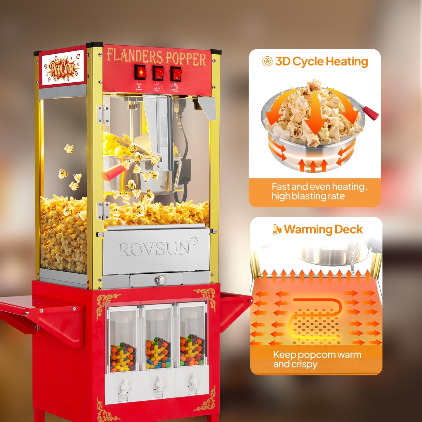 ROVSUN Popcorn Machine Cart with Candy Dispenser, 8 Oz Kettle Makes Up to 32 Cups ETL, Popcorn Maker w/Scoop, Oil Spoon, Bags & Cups, Movie Theater Style Popper for Commercial Home Party, Red