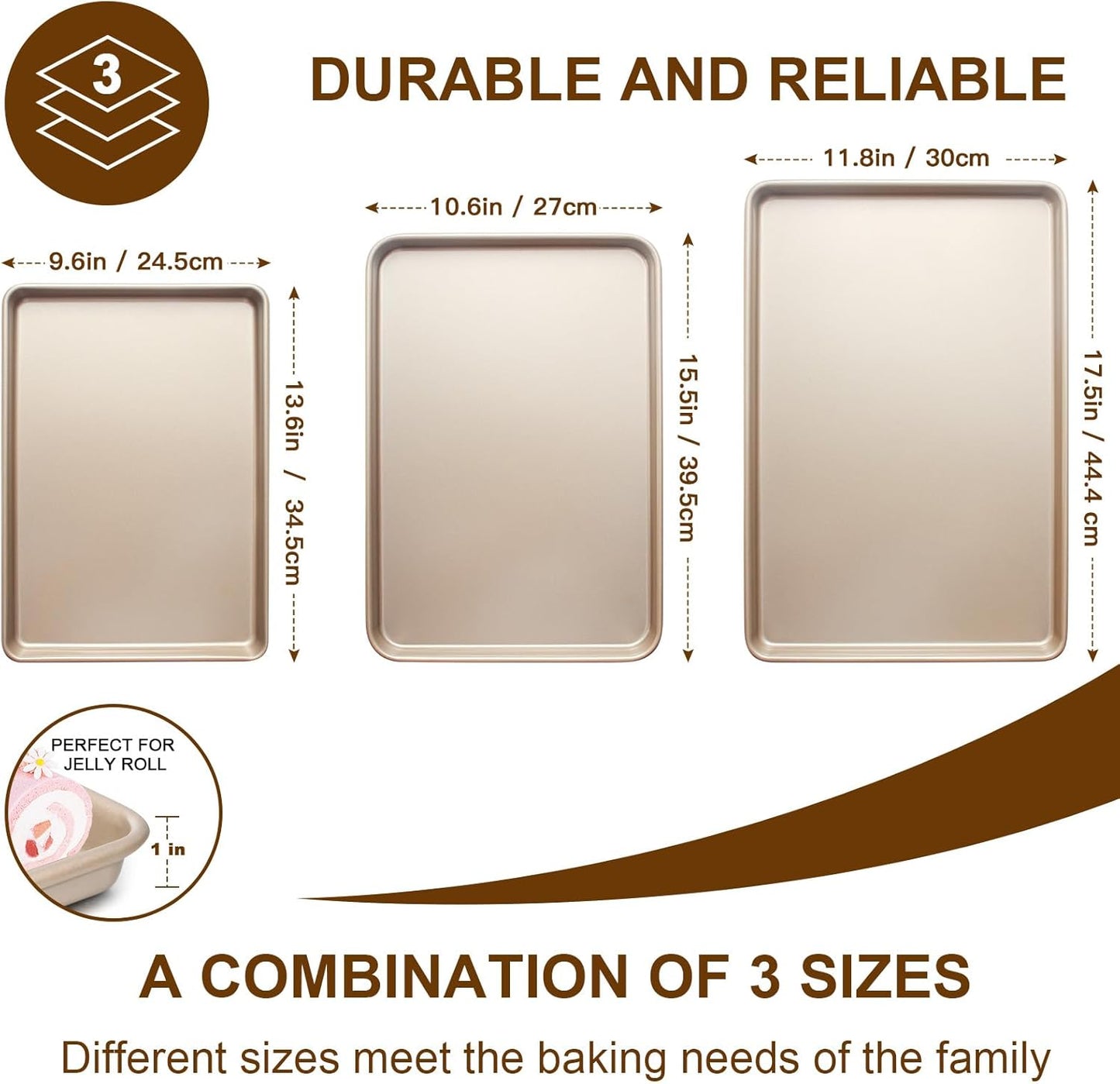 Skiennix Baking Sheet Pan Set - Nonstick Commercial Cookie Sheets | Heavy Duty & Easy Clean, Champagne Gold