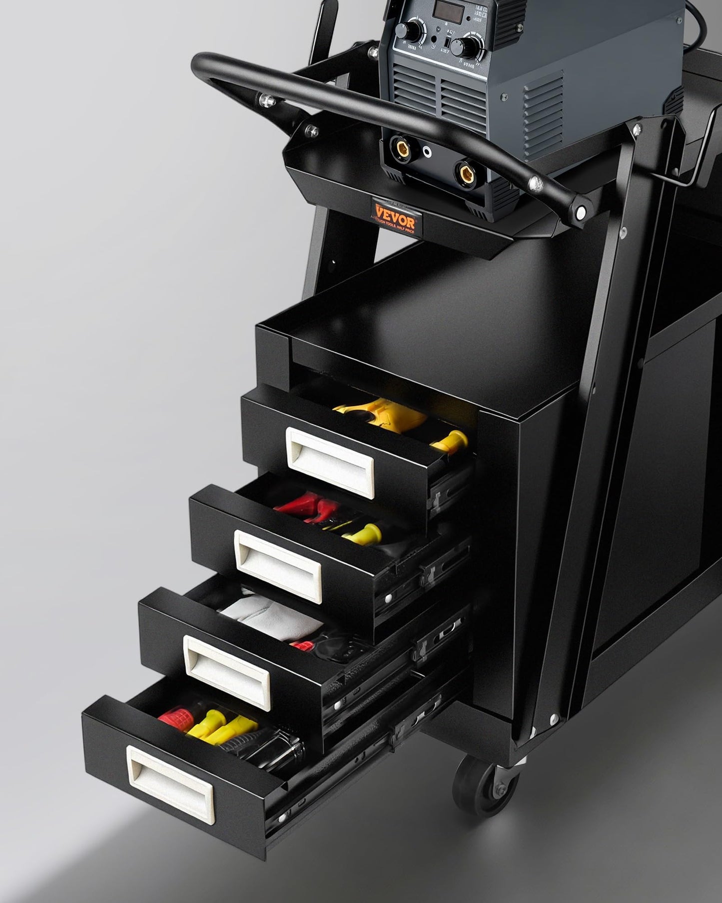 VEVOR Welding Cart, 2-Tier 4 Drawers Welder Cart with 265 LBS Weight Capacity, 360° Swivel Wheels, Tank Storage Safety Chains, Heavy Duty Rolling MIG Welder Cart for Mig Welder and Plasma Cutter