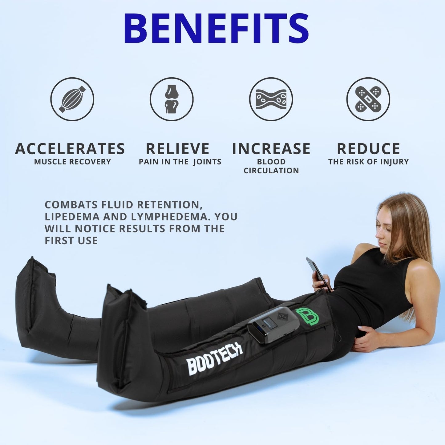 Bootech Leg Compression Recovery Boots for Circulation, Cordless Air Compression Therapy System Rechargeable Massage with 5 Modes, 5 Air Chambers, 3H Battery with Automatic Deflation Technology (M)