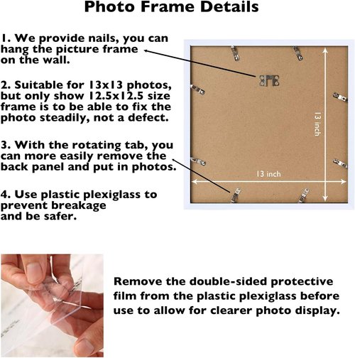 JCJMY 13x13 Picture Frame - White Wall Hanging Frame with Shatter-Resistant Plexiglass | Versatile Mounting Options