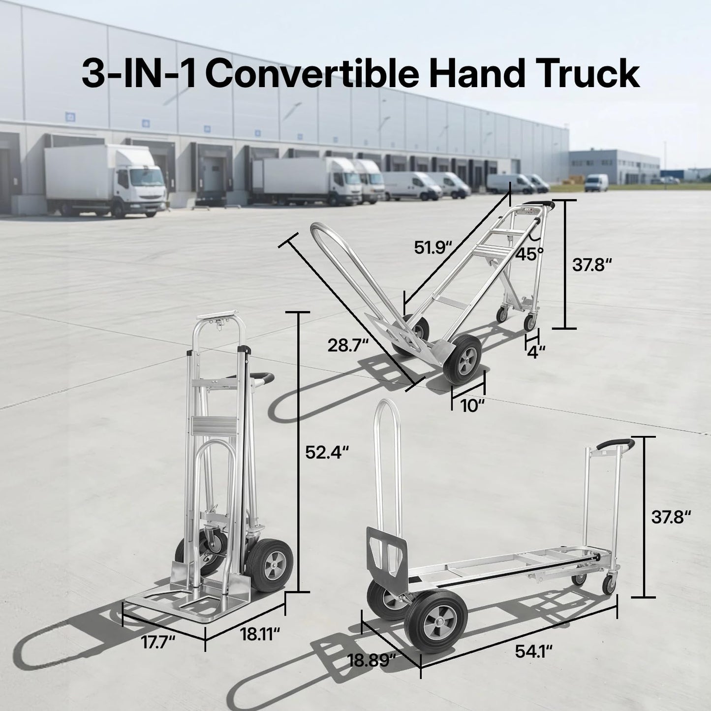 Heavy Duty Convertible Hand Truck – Heavy Duty Aluminum 3-in-1 Dolly, 770 lbs Capacity, 2x10 Solid Rubber Wheels, Folding Nose Extension, Ergonomic Anti-Slip Handle for Easy Transport