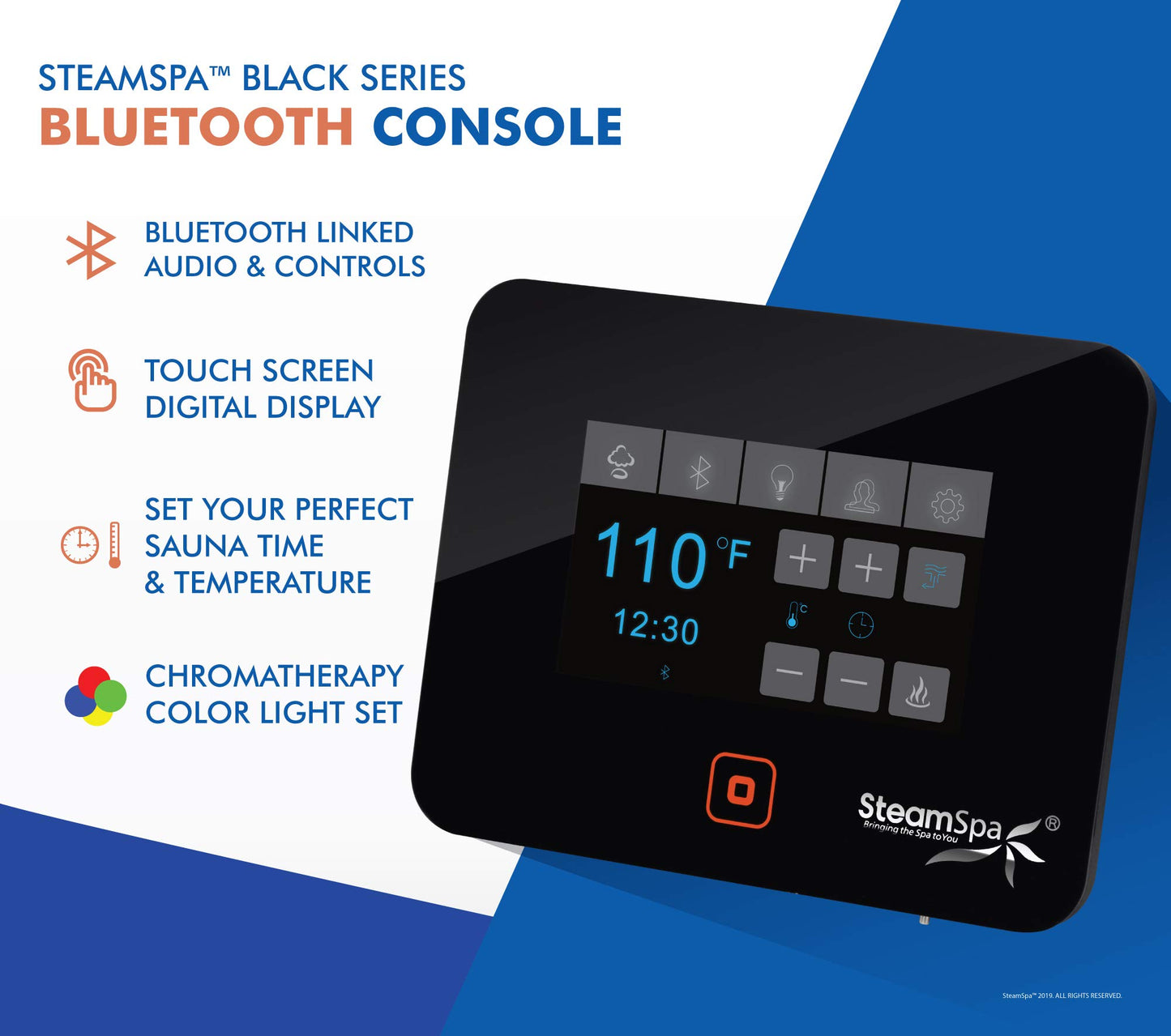 SteamSpa Generator with Quick Start Continuous Steam Technology, Wi-Fi, Bluetooth and Autodrain | 10.5kW Steam Generator with Black Steam Head with Aromatherapy Reservoir | RVB1050BK-A