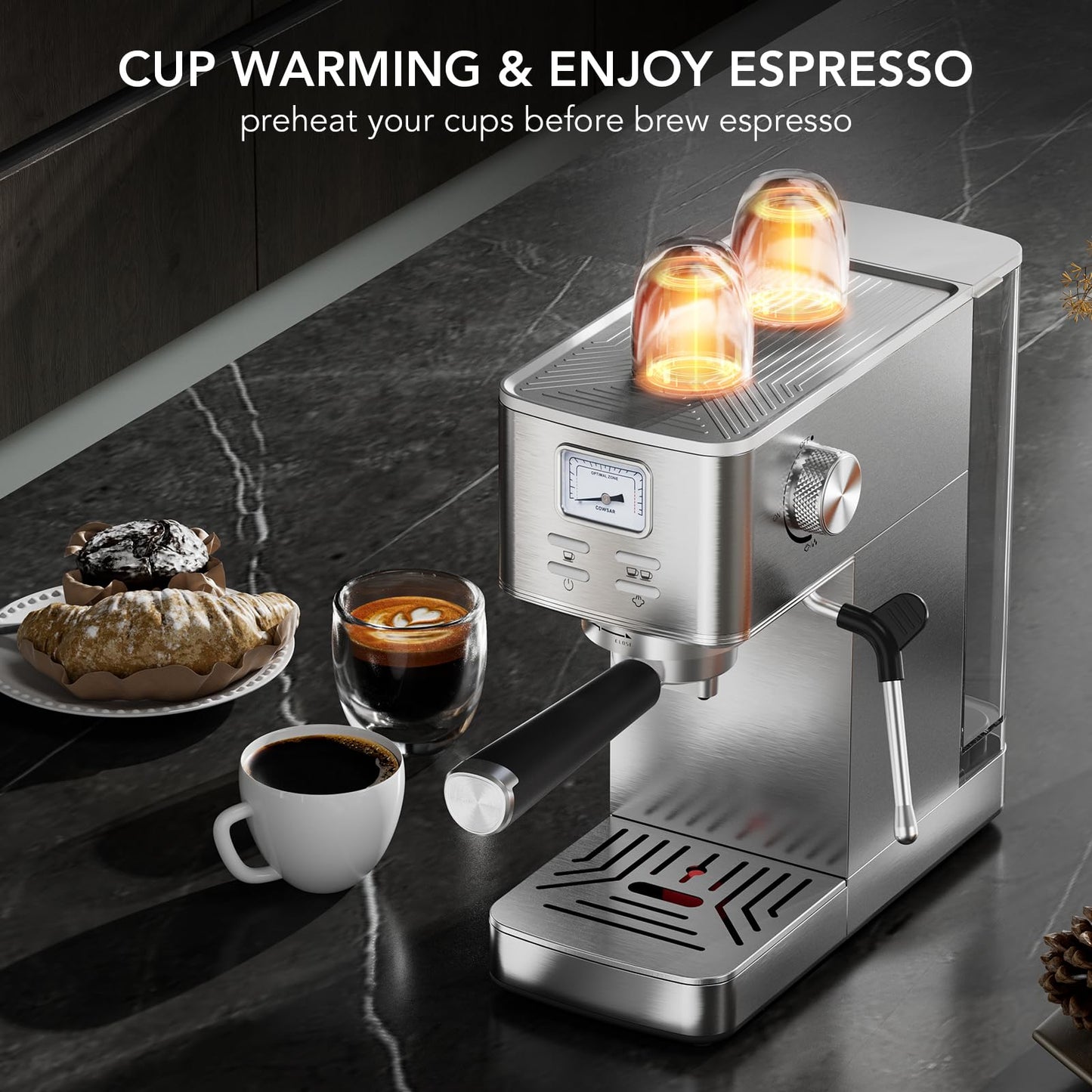 Espresso Machine 20 Bar, Compact Espresso Maker with Milk Frother, Visual Pressure Gauge, Commercial Coffee Machine with 47oz Removable Water Tank and Capsule Funnel, for Cappuccino, Latte