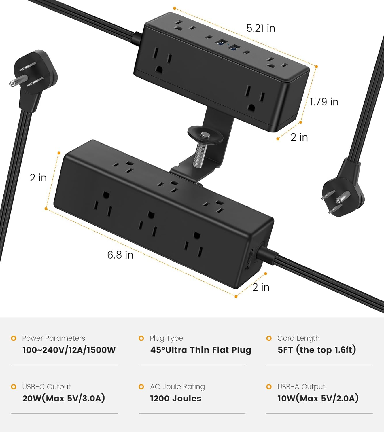 VILONG 4 Ports(20W 15 5FT Dual Layer Desk Clamp Power Strip with USB USB-C) & AC Outlets, Desktop Edge Mount Surge