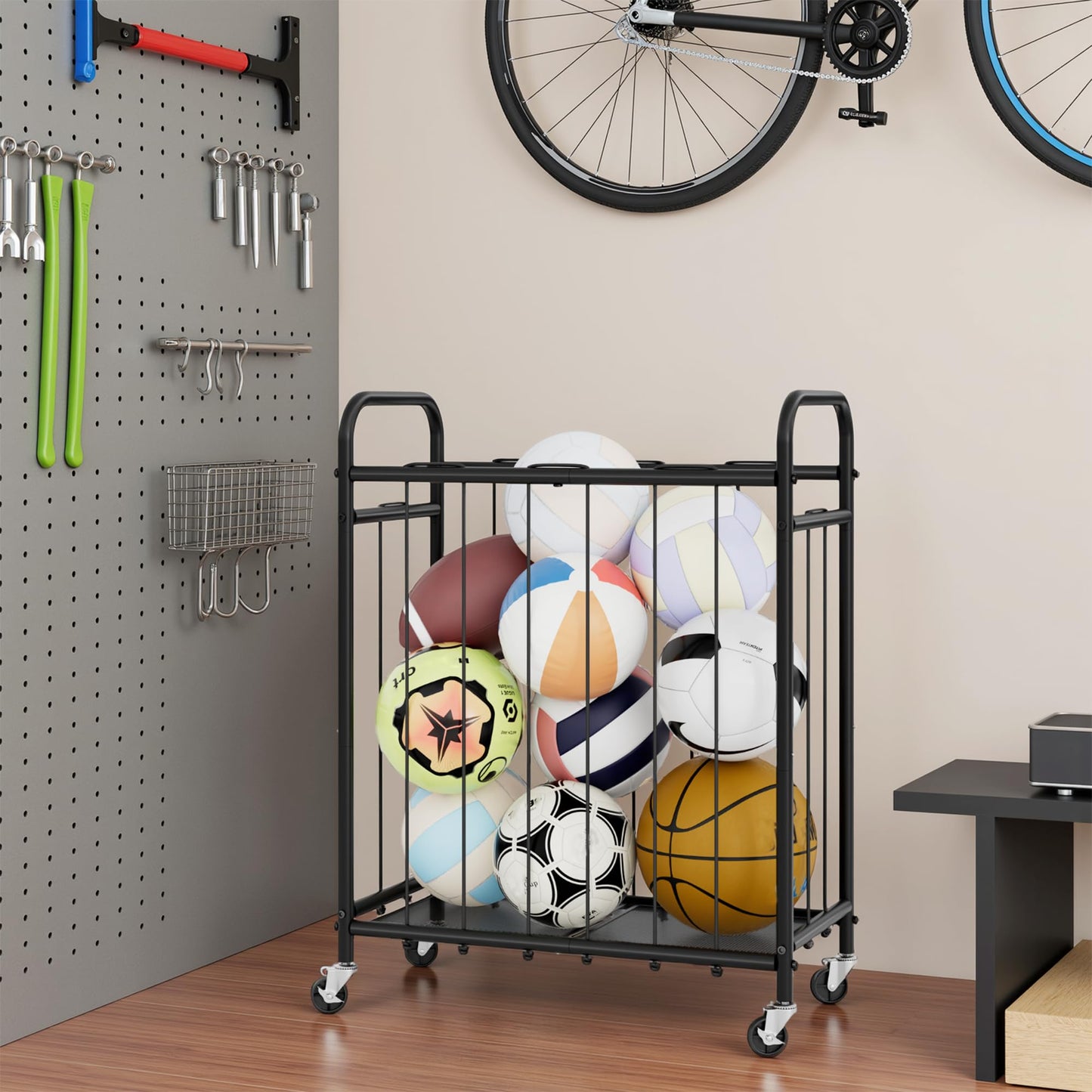 StorageWorks Ball Storage with Wheels, Garage Sports Equipment Organizer with Hooks, Balls Organizer for Basketball, Football, Volleyball