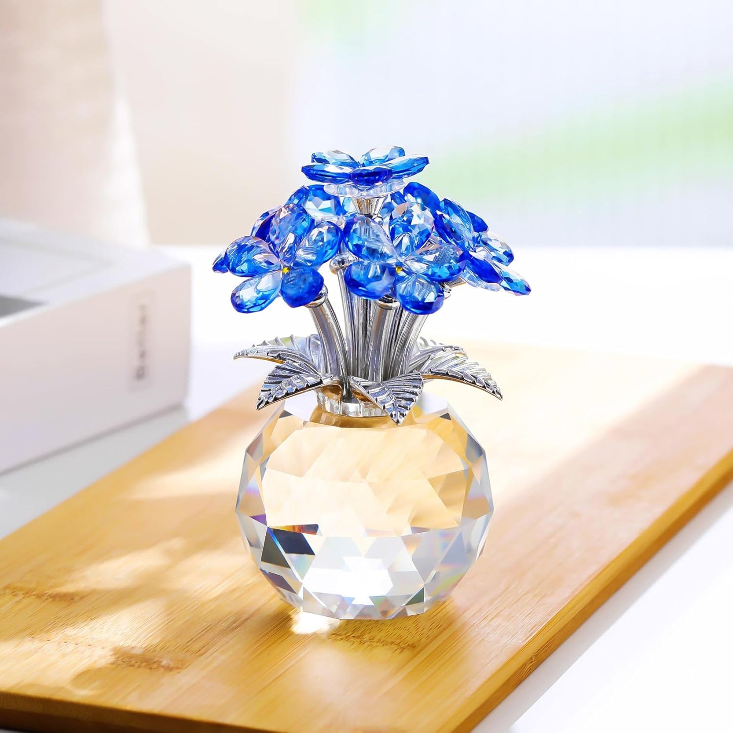 YWHL Blue Crystal Forget-Me-Not Flowers | Handmade Glass Flower Bouquet Figurine for Tabletop Decor