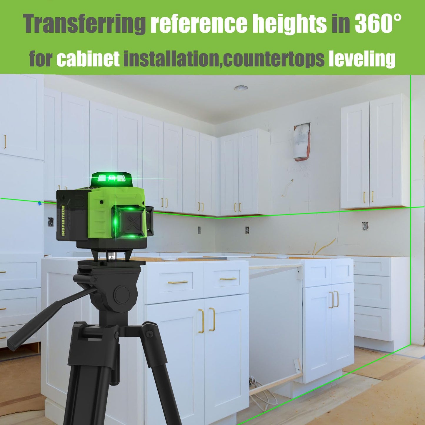 INSPIRITECH Laser Level 360 Self Leveling for Tiling Floor Wall Ceiling Construction, 4x360 Horizontal Vertical Cross Line Multi Surface Lazer Alignment, 4D Green Beam Laser Level for Picture Hanging