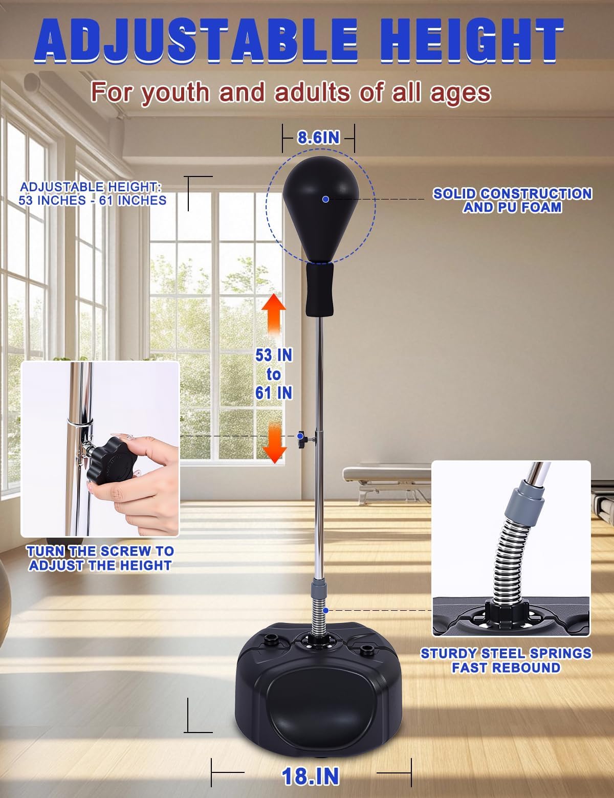 Punching Bag with Stand, Boxing Bag for Teens & Adults -Improves Speed, Reflexes and Endurance - Height Adjustable for Training, Boxing Equipment, Stress Relief and Fitness Speed Bag