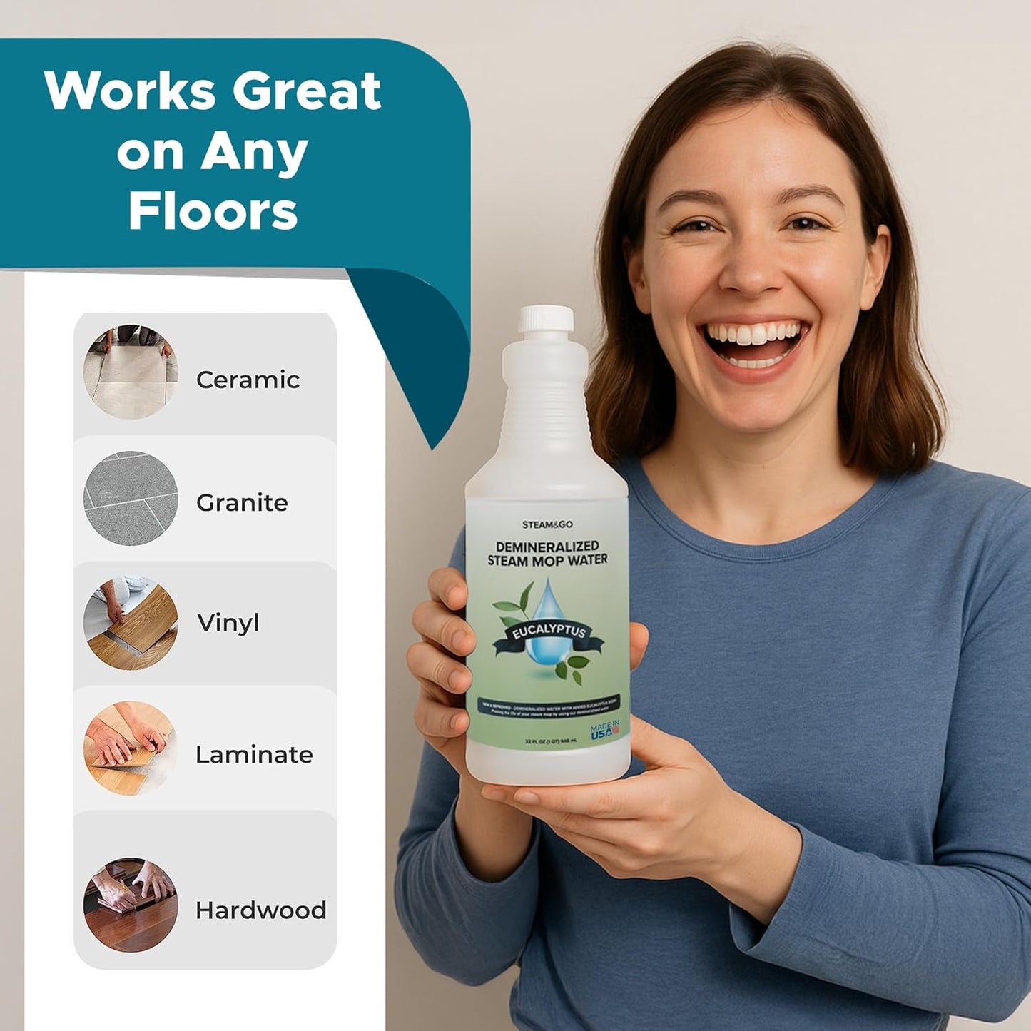 Steam & Go Demineralized Water | Eucalyptus Mint Steam Cleaner Solution, 32 oz - PVC-Free & Ready-to-Use