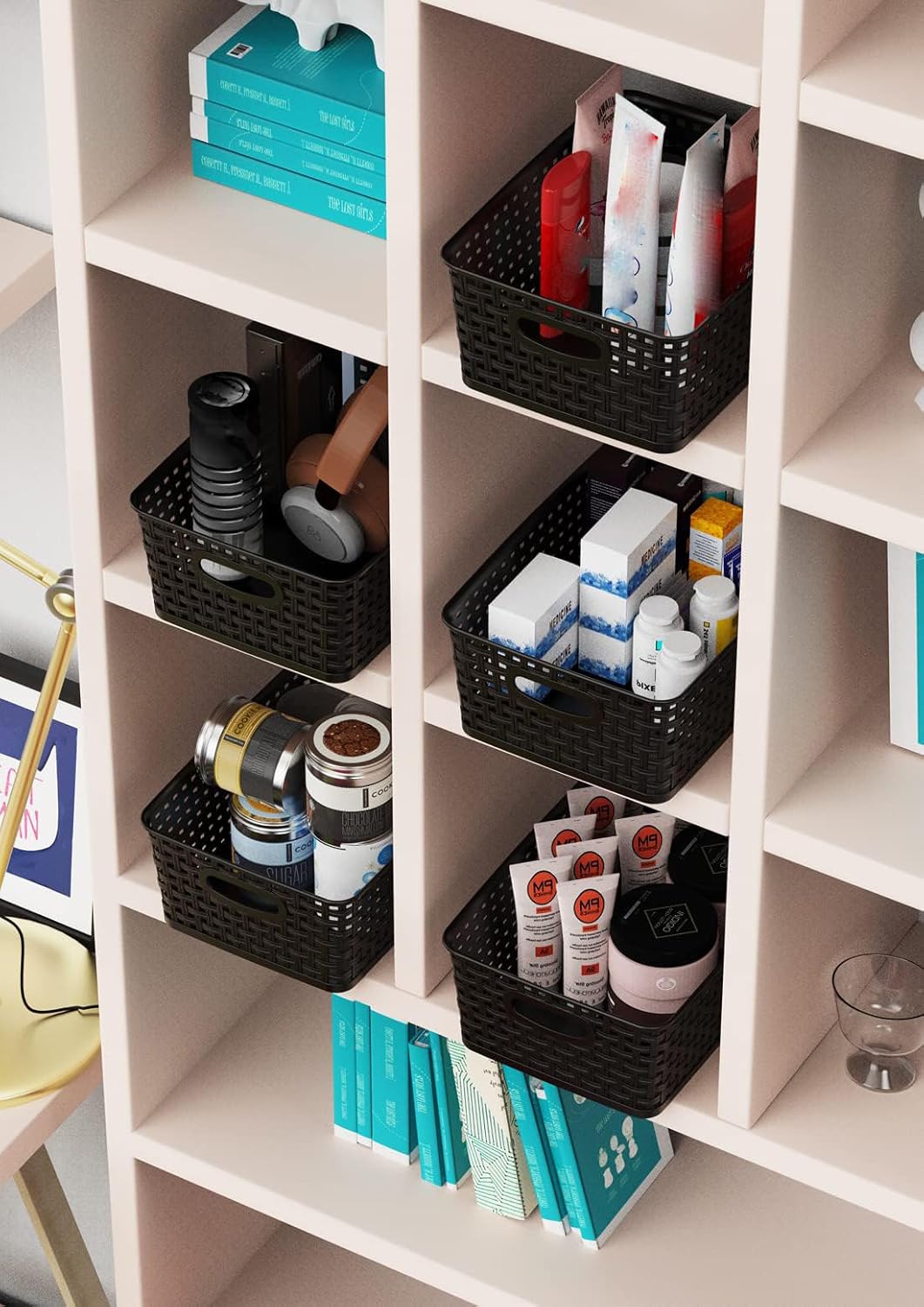 WYT Plastic Small Shelf Storage Baskets - 12-Pack Weave Design for Organizing | Black
