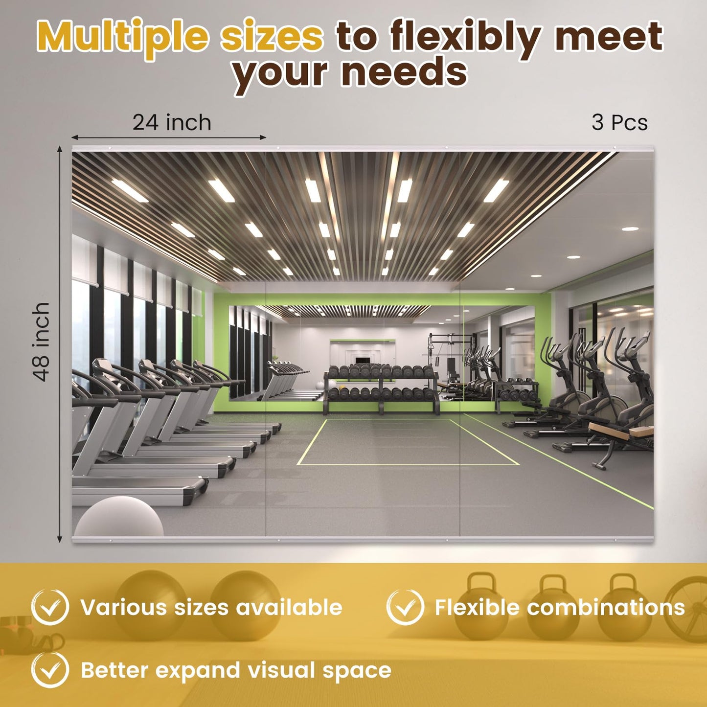 LOAAO Home Gym Mirror, 48"x24"-3 PCS Gym Mirrors for Wall, Frameless, Tempered Glass, Large Workout Mirrors for Home Gym, Dance Studio, Yoga Room, Garage Gym