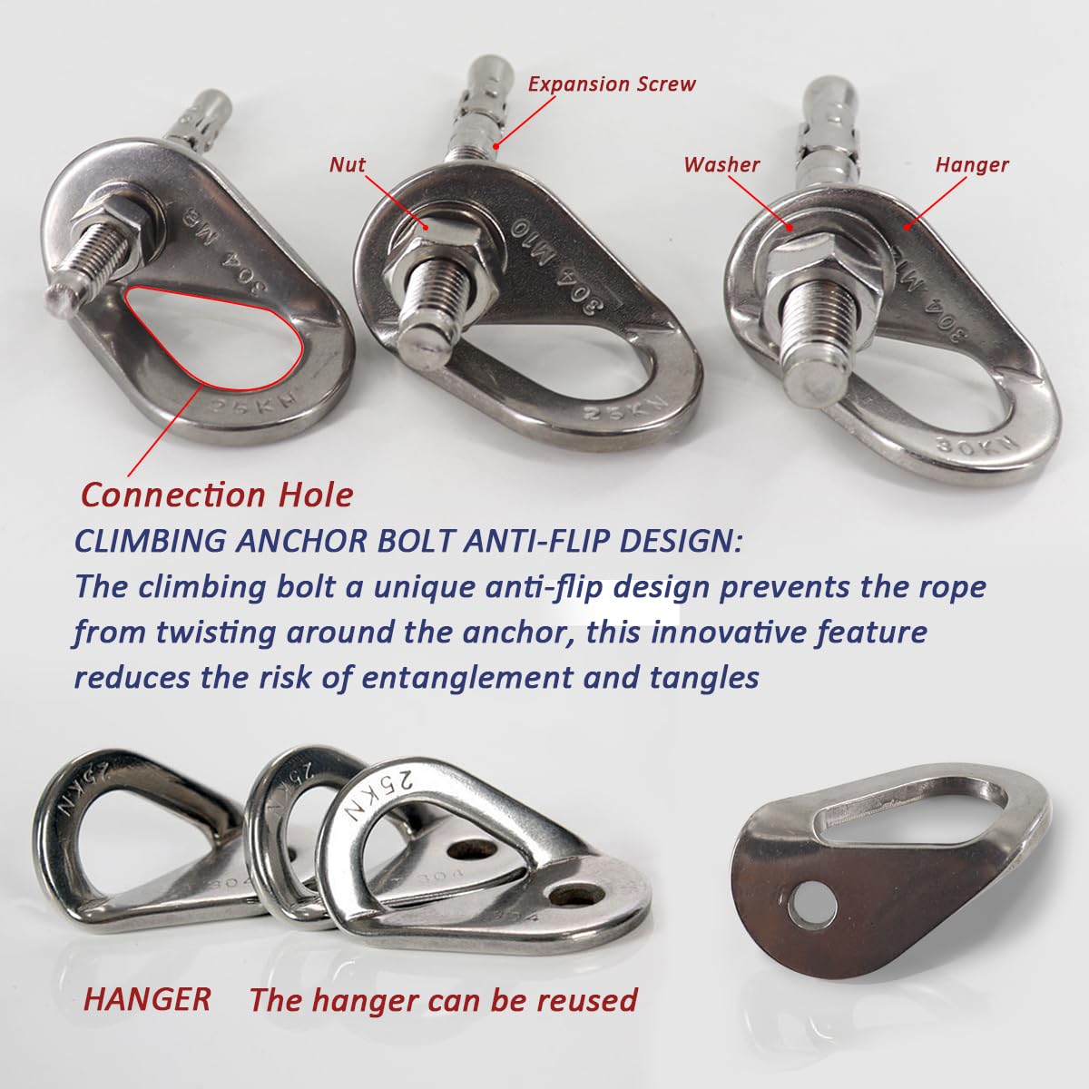 YZTONGPAO 2 Set 304 Stainless Steel Climbing Anchor Bolt, 30KN Rock Climbing Bolt Hanger, Climb Fastening Bolt Safe Fixed Point, Rock Climbing Holds