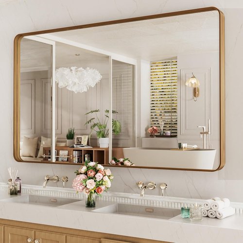 LOAAO Bathroom Mirror - 60X36 Inch Rounded Rectangle with Wood Grain Metal Frame | Anti-Rust, Versatile Hanging Options