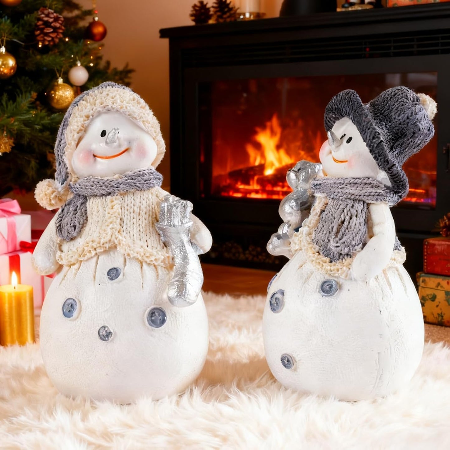Skiennix 2-Piece Snowman Figurines - Charming Christmas Decorations for Winter Table Centerpieces