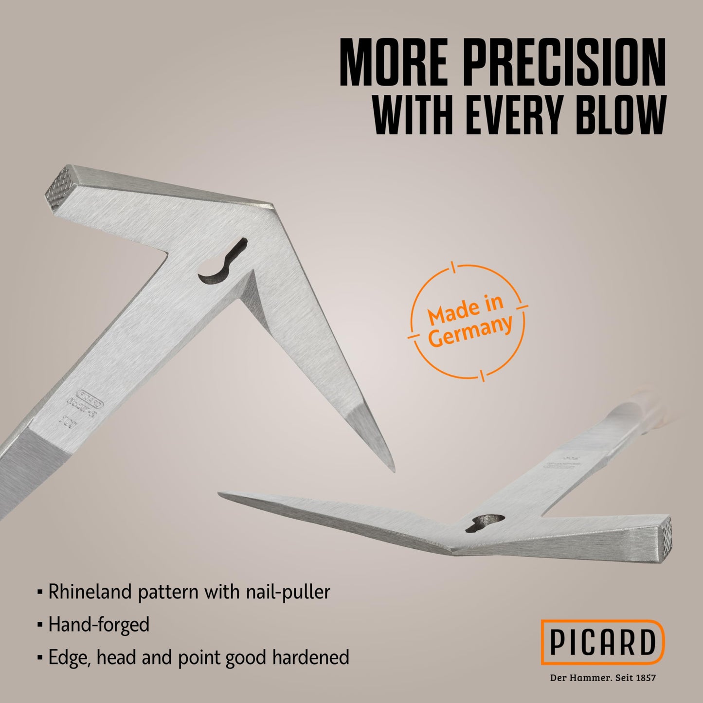 Picard Tilers Hammer 700g – Right-Handed, Rhineland Pattern, Hand-Forged Leather Grip Hammer with Nail Puller, Alloyed Steel Head, Professional Tiling & Roofing Tool – 0020700