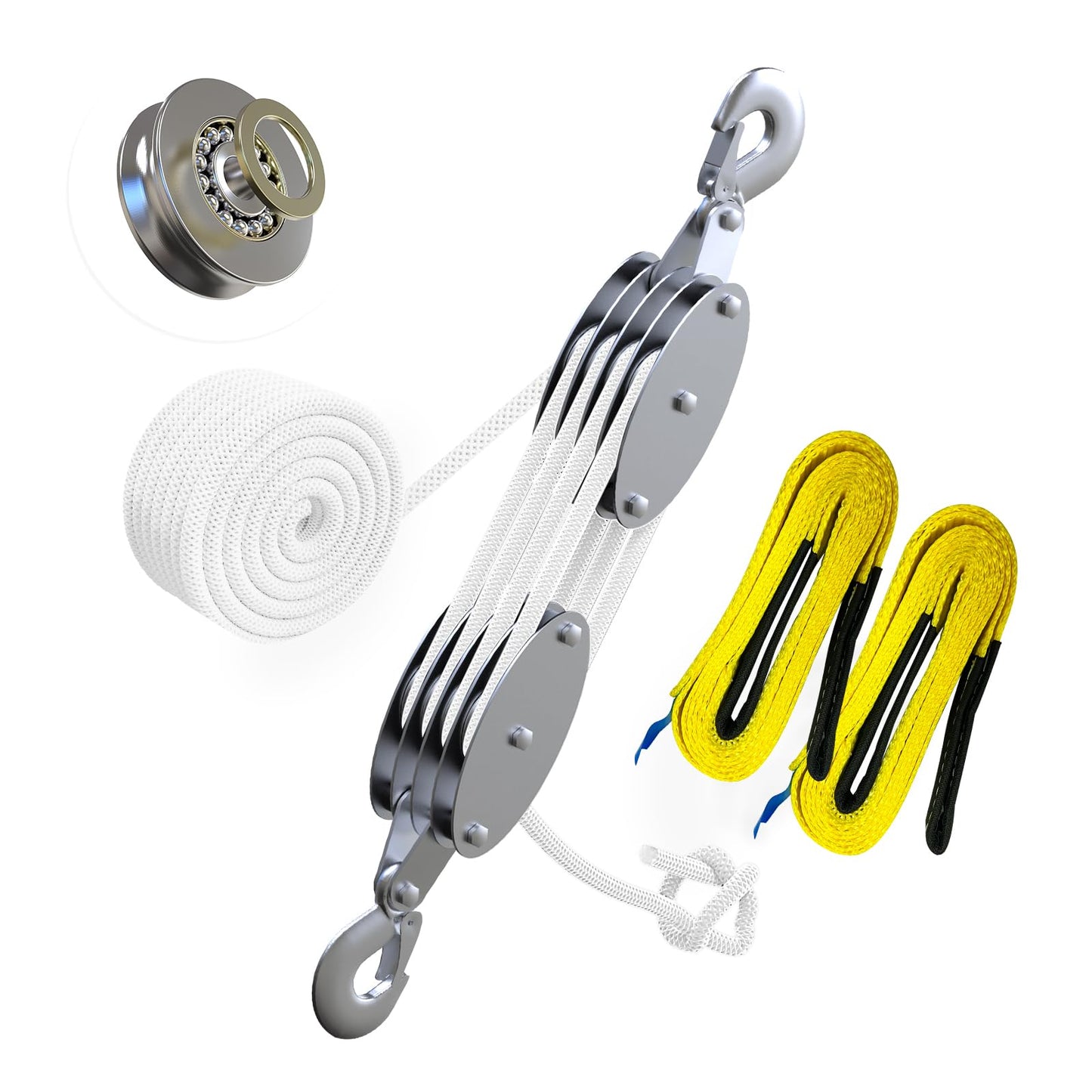 YATOINTO Upgraded Rope Pulley Hoist 4400 LB, 8:1 Pulley Block and Tackle System, Pulley Block 2200LB Loading Capacity, 65ft Heavy Duty Rope Hoist for Hunting Garage Warehouse (with 2PCs Straps)
