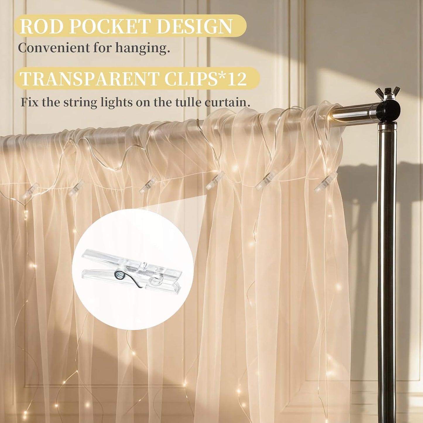 EMART 10x10ft Champagne Tulle Backdrop Curtains with Lights String,Sheer Backdrop Curtains for Wedding, Baby