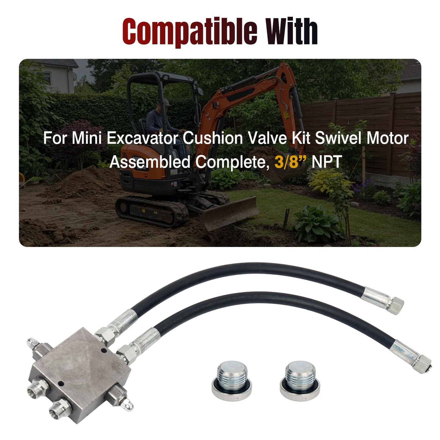 Mini Excavator Cushion Valve Kit, Complete Swivel Motor Assembly, 3/8" NPT, Heavy Duty Replacement Parts for Mini Excavators