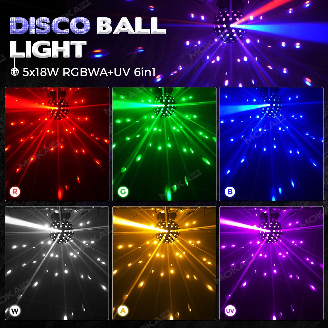 MOKA SFX LED Moving Head Sphere Light 6-in-1 RGBWA+UV Infinite 360° Rotating Magic Ball Effect Light with DMX512, Sound Active for DJ, Club, Party, Wedding, Stage Disco Lighting