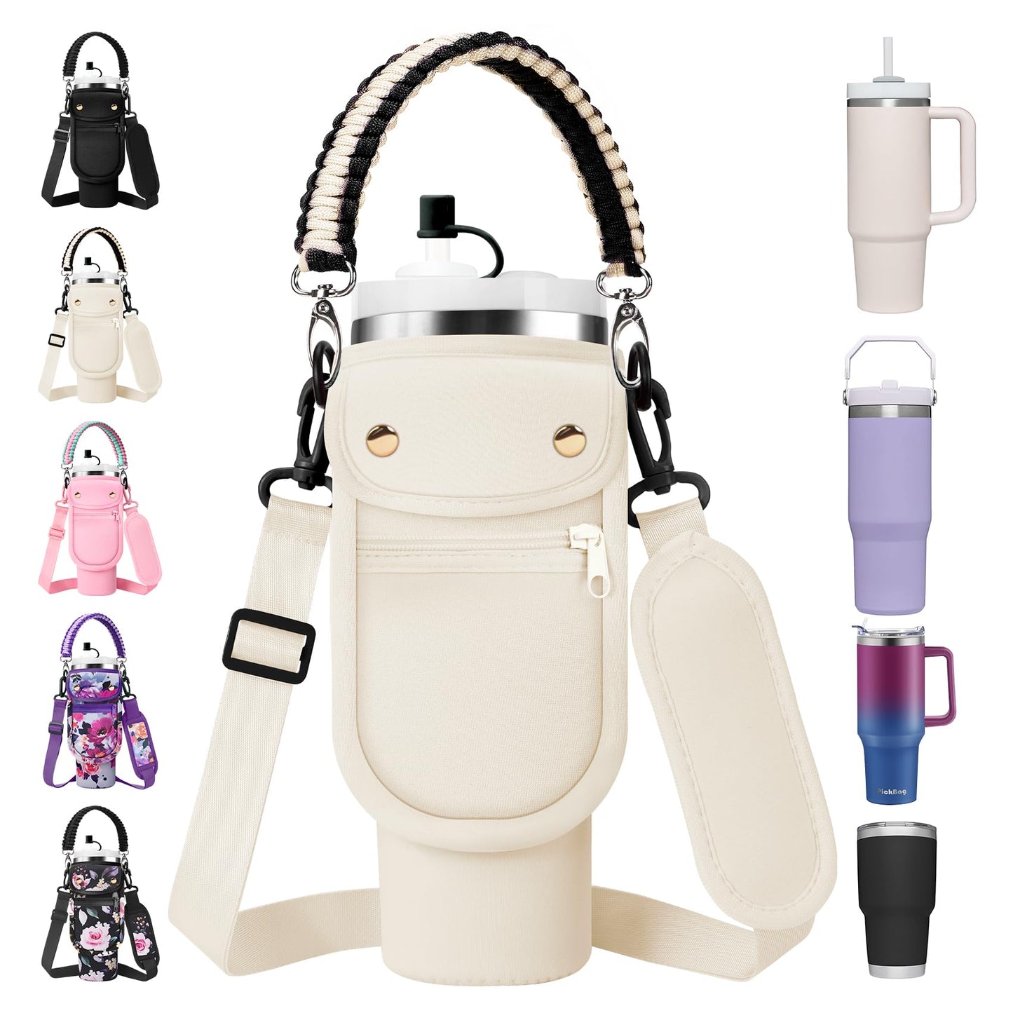 AceTreker Water Bottle Sleeve Bag for Stanley 30 40oz Tumbler with Strap, Reusable Thermos Cup Holder with 2 Pocket & Paracord Handle & Straw Cover for Hiking Travelling Car Gym-Cream