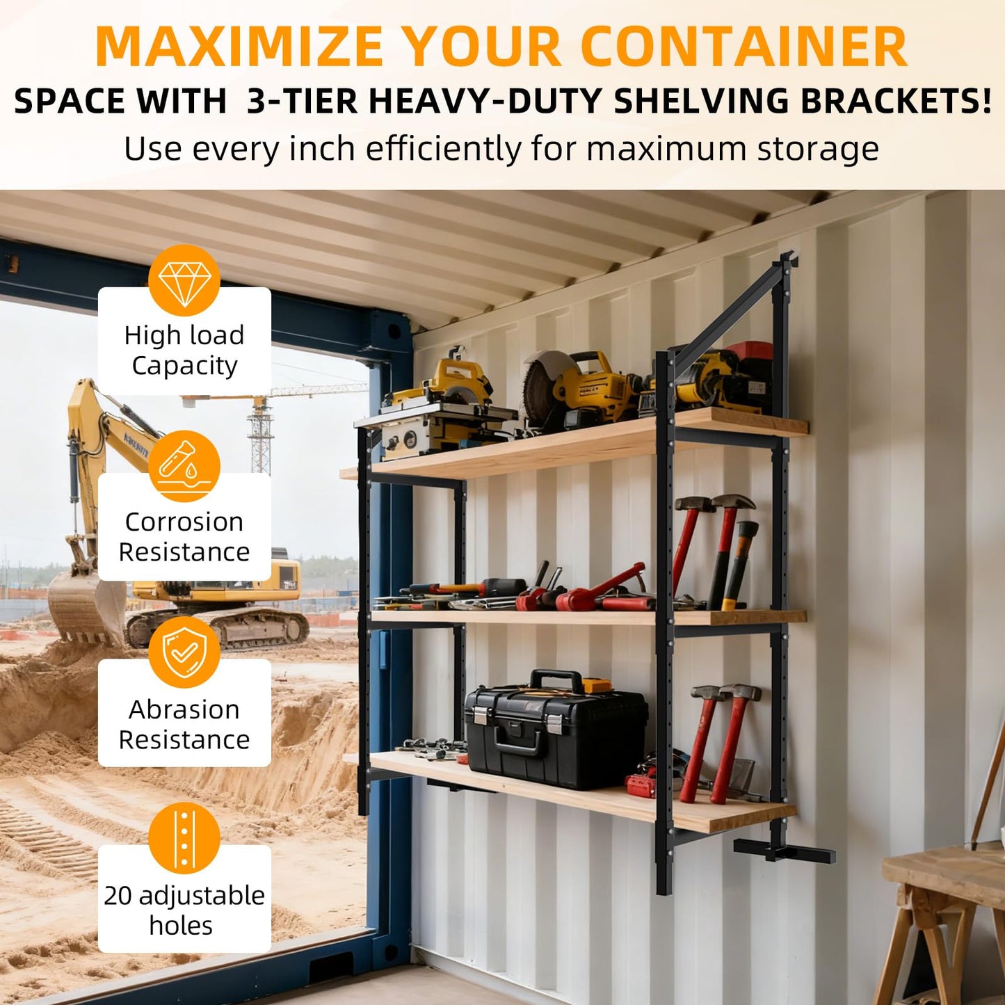 Shipping Container Shelf Brackets 2 Pack, 58" H x 23" W Bracket Adjustable Heavy Duty Steel Cargo Shipping Container Shelves, 3-Tier Power Coated Shipping Container for Organization, Black