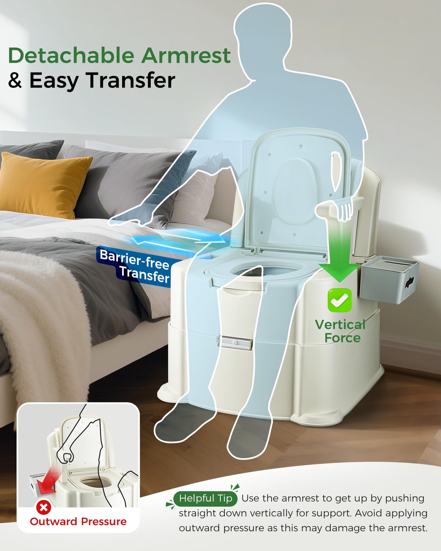 HygiVital Bedside Commode, 500lbs Heavy Duty & Upgraded Commode Toilet Potty Chair, Portable Camping Toilet, Detachable Armrests, Automatic LED Light, 2-Level Height, 3 Rolls of Commode Liners 【Green】