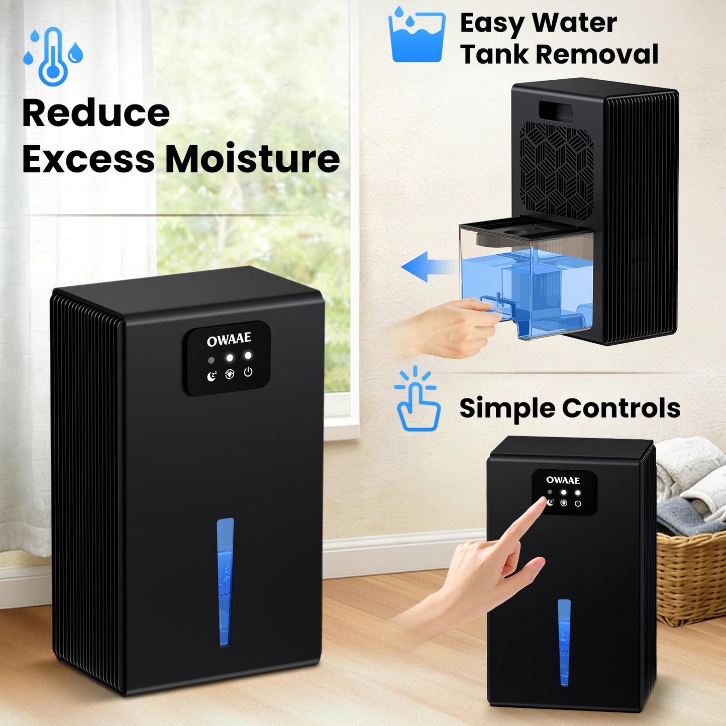 OWAAE Dehumidifier, 1000 sq.ft Quiet Dehumidifiers for Home Bedroom Basement Bathroom with 95oz Water Tank, Sleep Mode, Auto Shut-Off 7 Colors LED Light, Black
