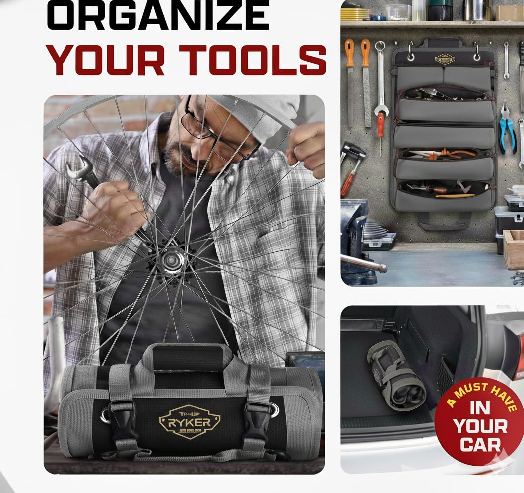 The Ryker Bag Black Roll Up Tool Bag Organizer – Heavy Duty Motorcycle Tool Roll with Detachable Pouches for Mechanics, Electricians, Plumbers & DIY Storage, Practical Gift for Dad (Black)