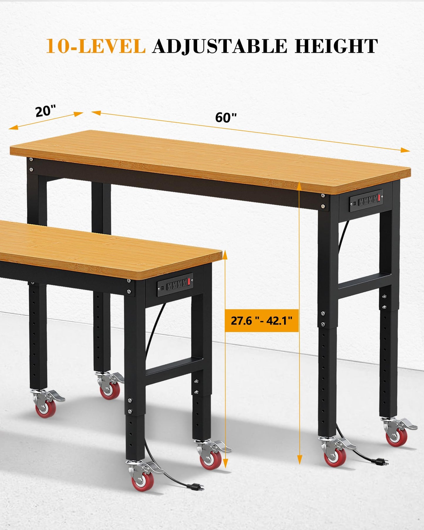 60" Heavy Duty Workbench with Wheels, Max. 2200 LBS Capacity Adjustable Height Solid Wood Work Bench Table, Work Bench Station for Garage, Shop, Home, Office