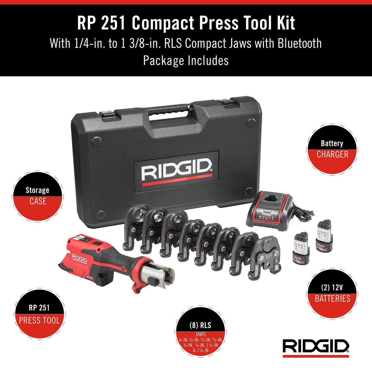 RIDGID 78238 RP 251 Compact Press Tool with RLS Jaws (1/4" to 1-3/8"), In-Line Pressing Tool for Copper, Stainless Steel, PEX, and Carbon Steel