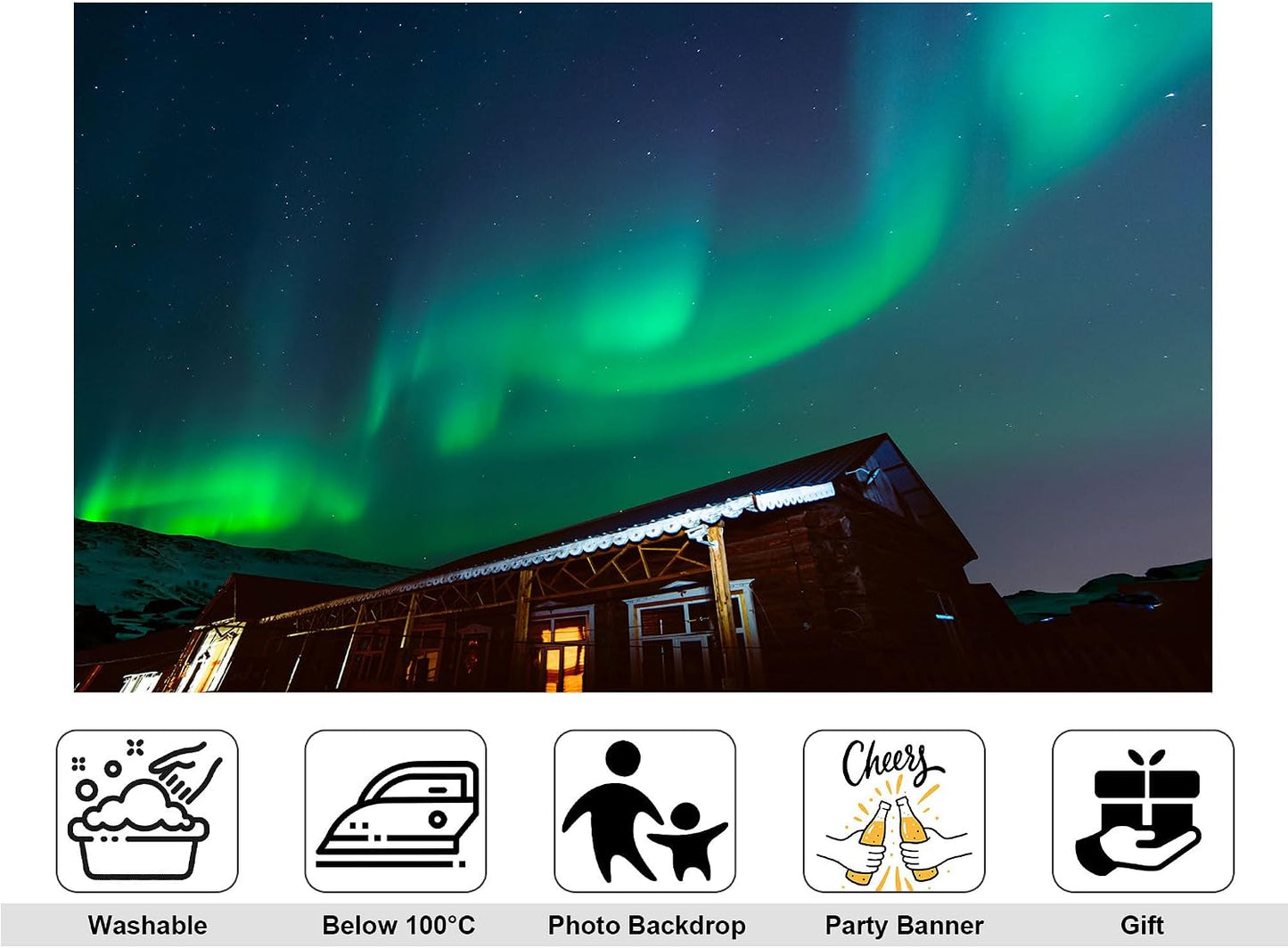 KeyWork 9x9ft Green Northern Lights Cabin Backdrop Arctic Night Sky Scene Photography Background for Winter Event Home