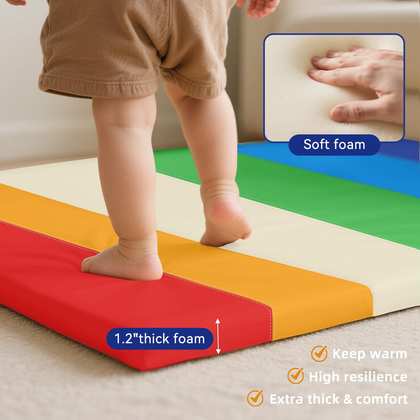 TODIBY Foam Baby Play Mat: PU Leather Waterproof Kids Playmat - Trifold Floor Mat - Large Play Mat for Playpen Thick Pad Fodable Mattress Soft Toddler Mattress Infant Cushion for Preschool (Rainbow)