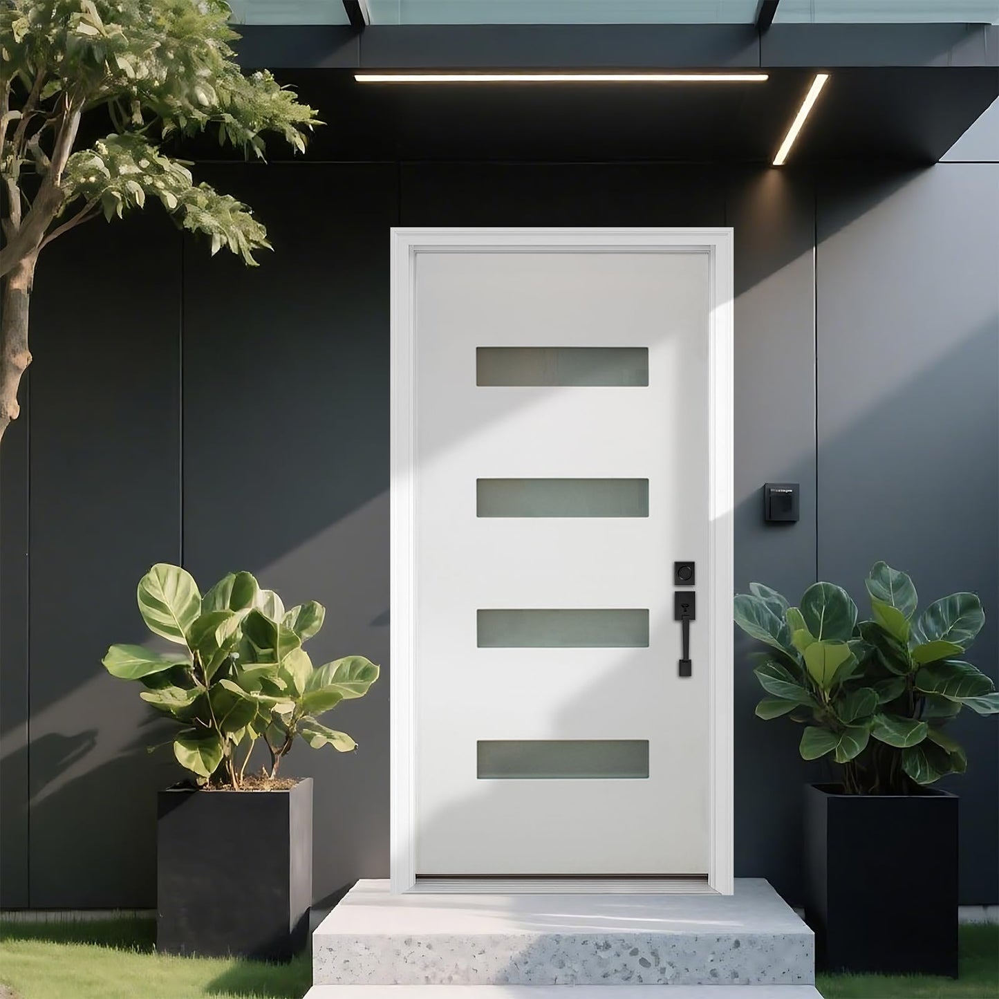 KHSHOW 36 x 80 Fiberglass Entry Door with Brickmould, 4-Lite Frosted Glass - Contemporary Style for Home's Front Entrance, Left Hand Inswing, Vinyl Frame, Primed Knock-Down Entry Door
