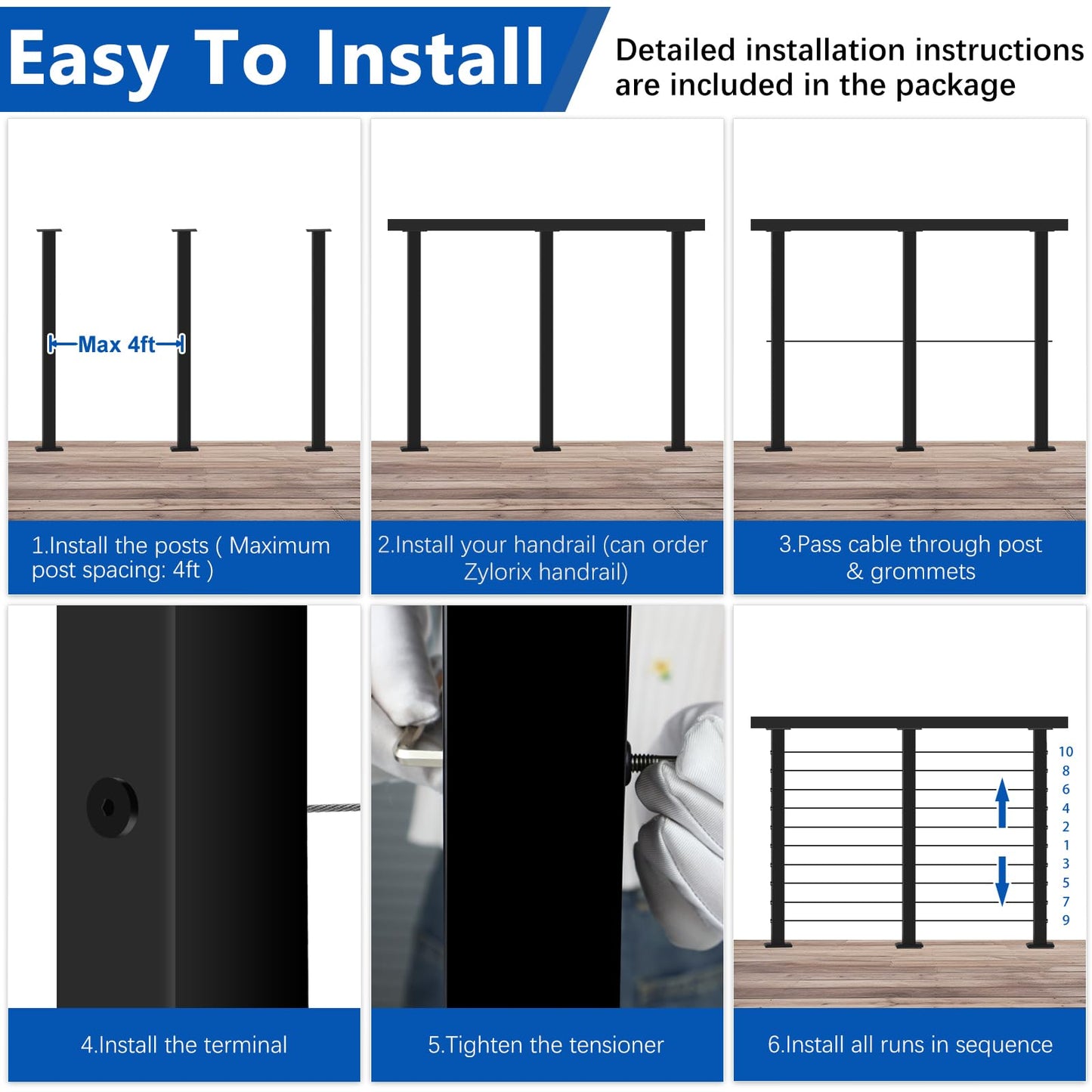 Zylorix 36" Modular 12-16FT Black T304 Cable Railing Post Kit, Complete Cable Railing System with 4 Level Posts & 177ft 1/8" Wire Rope(No Handrail), Adjustable Length Easy DIY for Decks/Porch