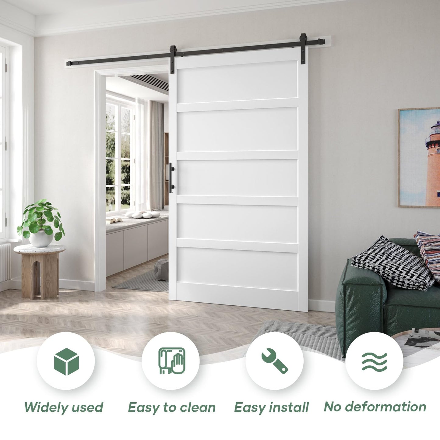 Fredbeck 54x84 inch White Barn Door with 9FT Sliding Door Hardware Kit Included & Handle,MDF,Solid PVC Surface,DIY Assembly,5-Panel