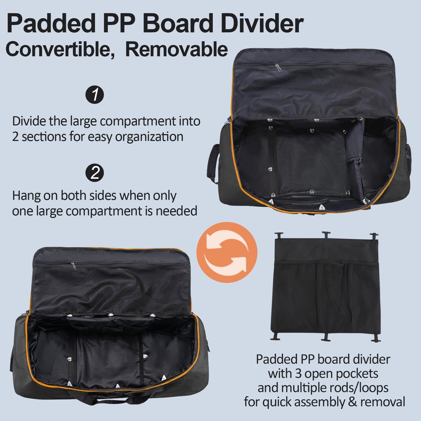 Bagenerous 110L/140L Expandable Soft-Sided Foldable Duffle Bag with 2 Rubber Wheels,Packable 32” Rolling Carry-On with Multi-Pockets & Compartments,Black Orange