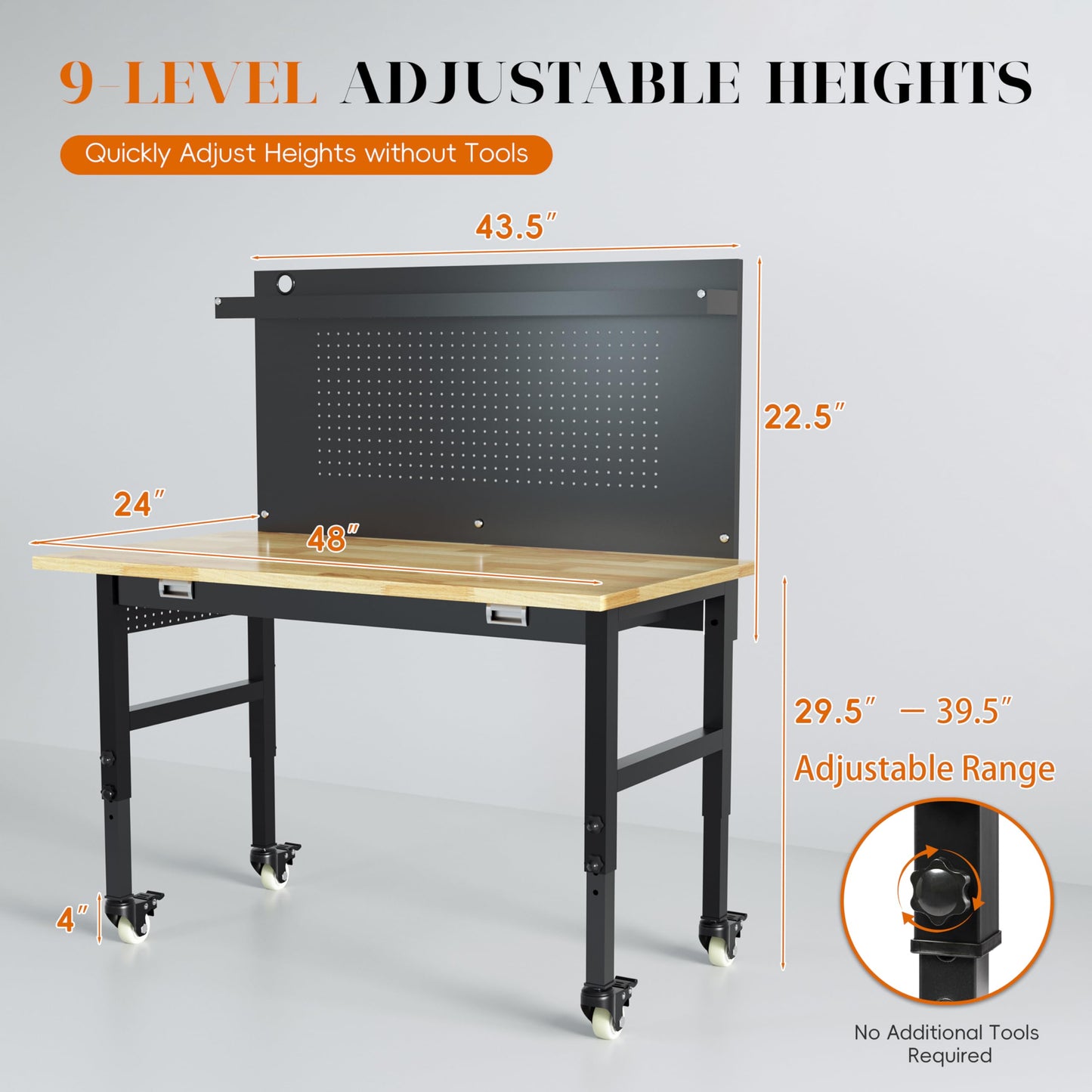 Betterhood 48" Heavy Duty Adjustable Workbench with Large Pegboard, Adjustable Work Table with Power Outlets & Lockable Wheels, Rubber Wood Workstation for Garage, Workshop, Office, Home, Commercial
