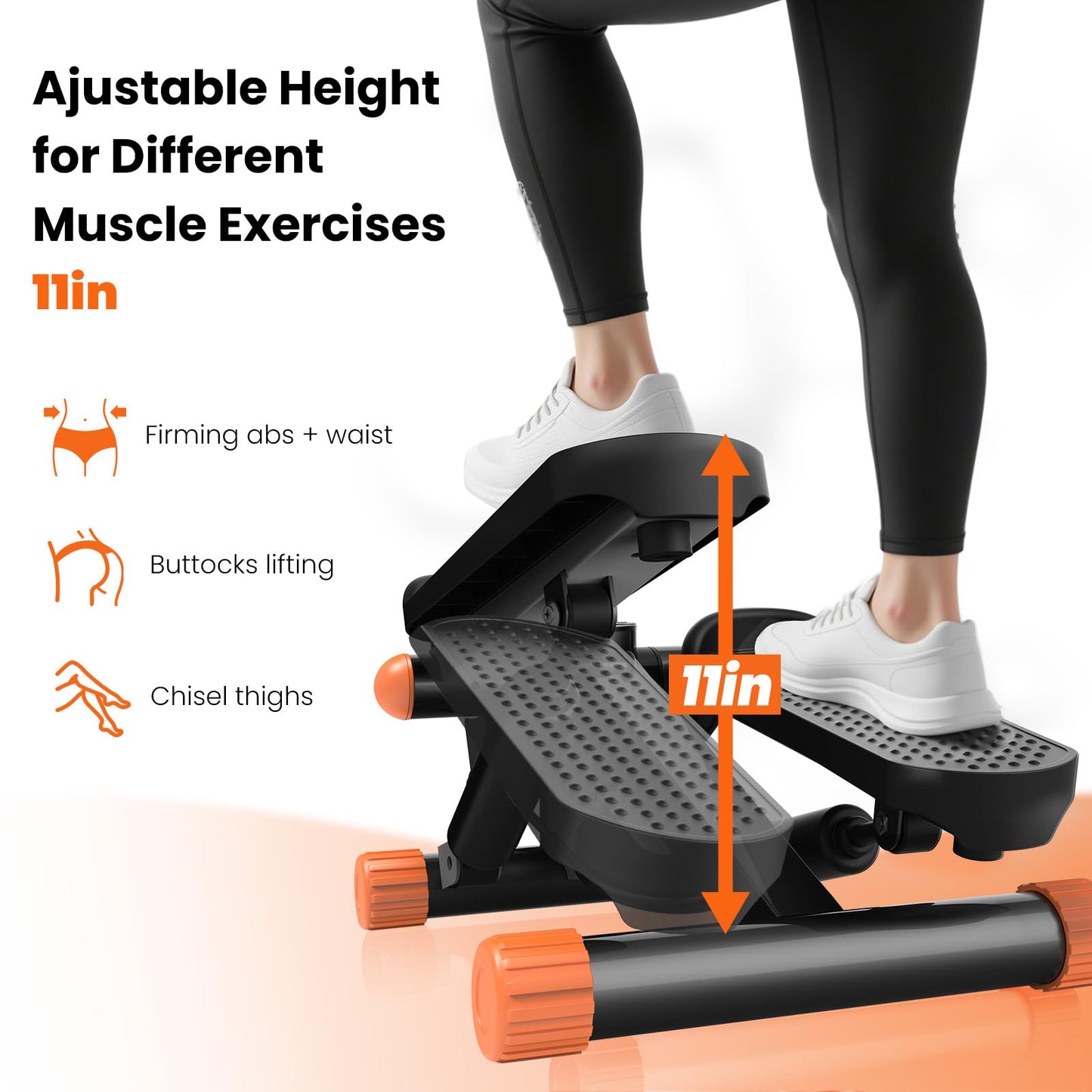 Sweetcrispy Mini Stair Stepper with Resistance Bands, Hydraulic Home Stepper Machine, 300 LBS Weight Capacity, Compact Cardio Equipment with LCD Monitor, No Assembly Required, Black&Orange