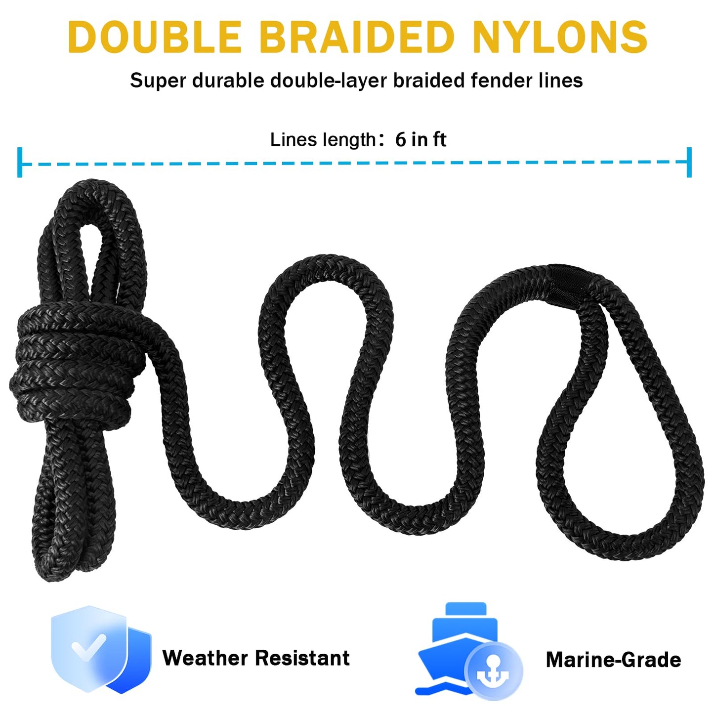 2 Pack 3/8'' x 6' Boat Fender Lines for Mooring, Docking Ties & Small Boat,Premium Marine- Grade Double Braided Nylon Boat Rope with a 5" Eyelet,Anti-Wear & Weather-Resistant-Black