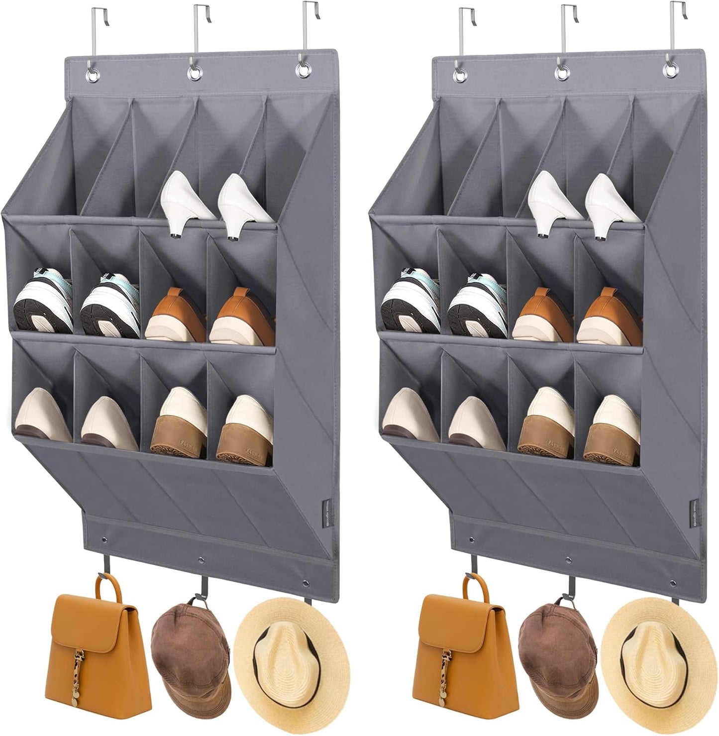 Storage Maniac Over Door Shoe Organizer - 12 Large Pockets for Efficient Closet Storage | Grey
