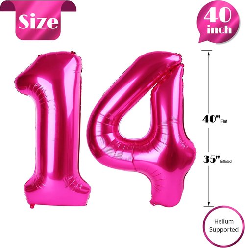 Hot Pink Number 14 Balloons - 40 Inch 14th Birthday Decorations for Girls' Parties